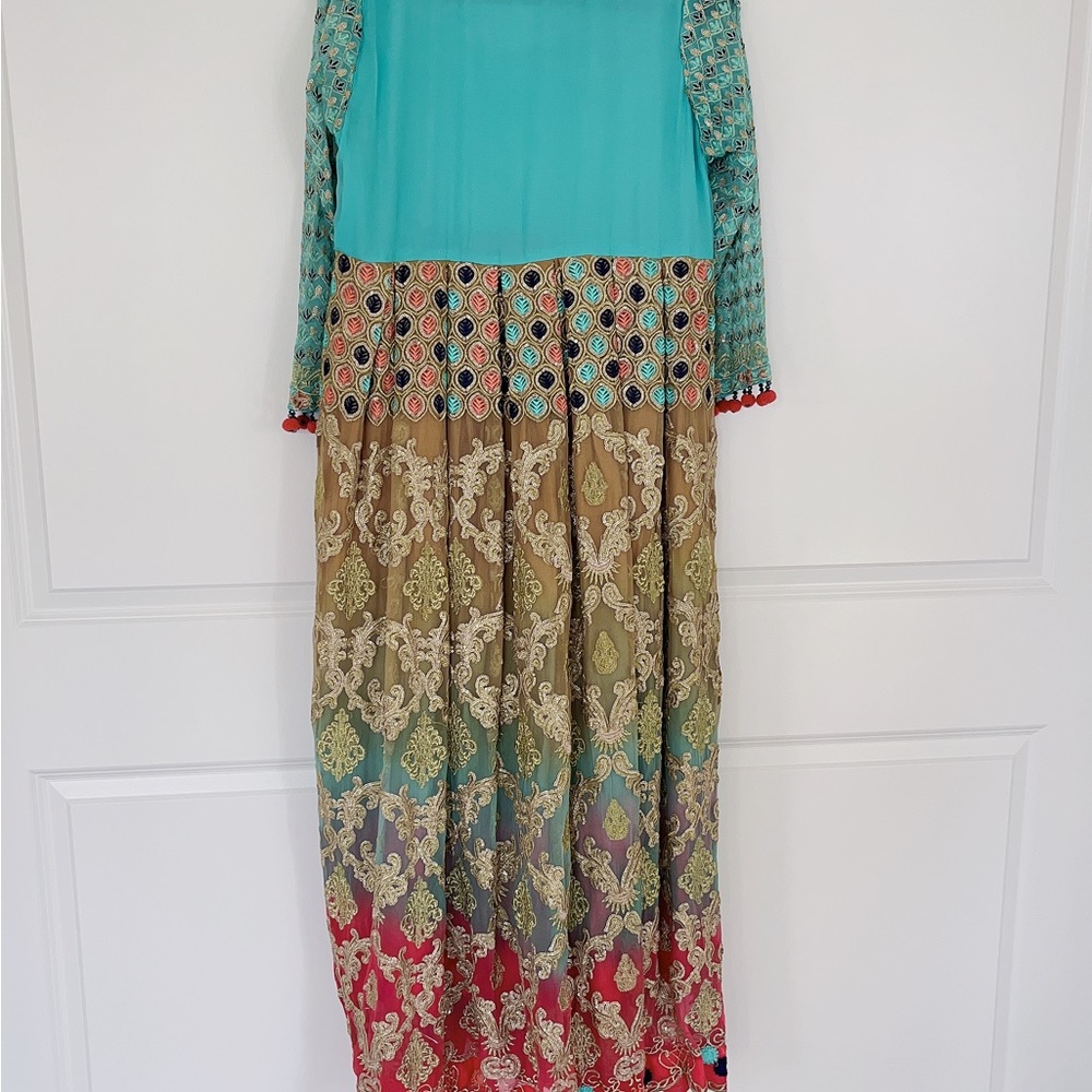 Multicolor Embroidered Maxi Dress with Navy Dupatta - - Picture 4 of 6